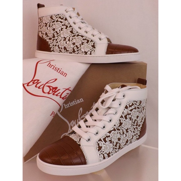 NIB LOUBOUTIN BIP BIP LASER FLORALS TAN CROC PRINT LEATHER HI TOP SNEAKERS 39.5 - Picture 3 of 12